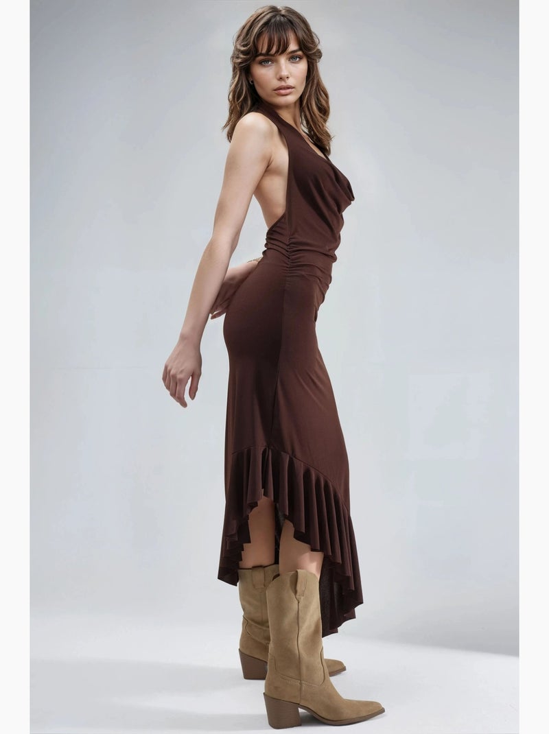 Vestido midi con cuello vuelto y detalle drapeado de busem Marrón oscuro - Kiabi