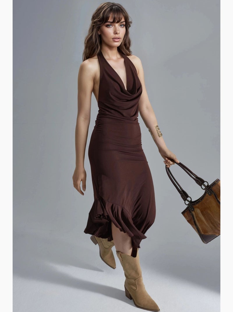 Vestido midi con cuello vuelto y detalle drapeado de busem Marrón oscuro - Kiabi