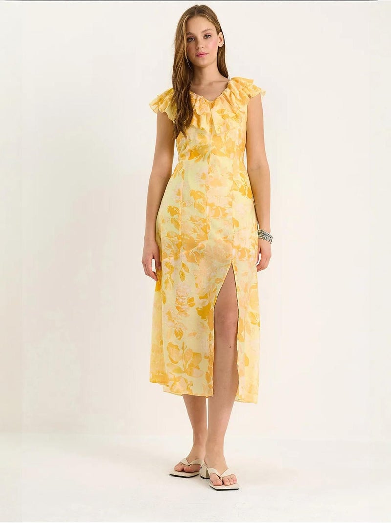 Vestido midi con detalle de volantes lucci Amarillo limón - Kiabi