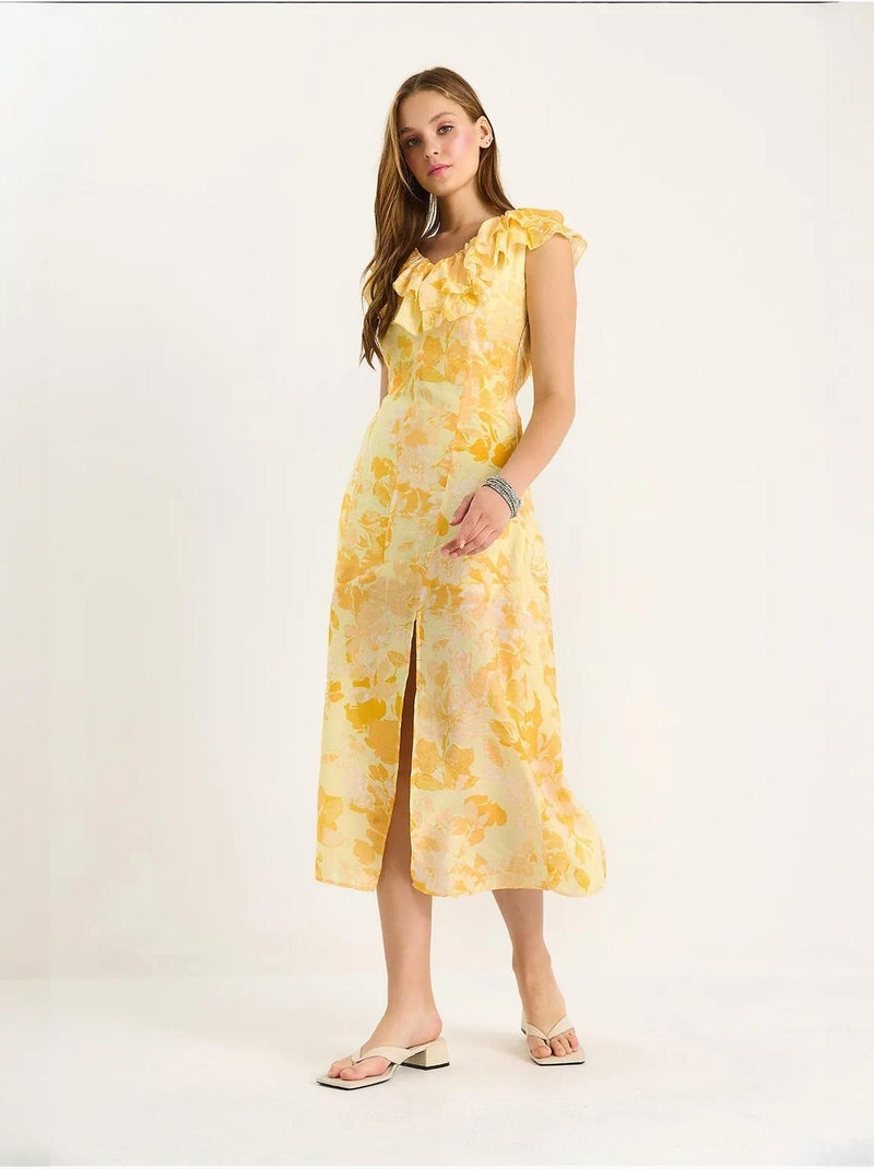 Vestido midi con detalle de volantes lucci Amarillo limón - Kiabi