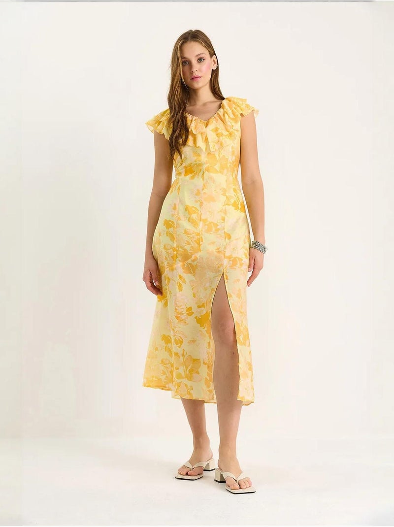 Vestido midi con detalle de volantes lucci Amarillo limón - Kiabi
