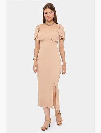 Vestido midi con escote corazón, mangas abullonadas y abertura lateral hiccup