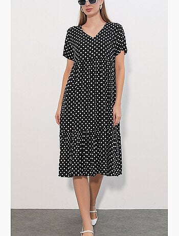 Vestido midi con escote de pico y lunares bdart