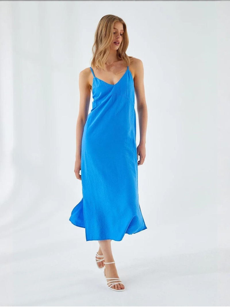 Vestido midi con escote en v y abertura mixray Azul cobalto - Kiabi