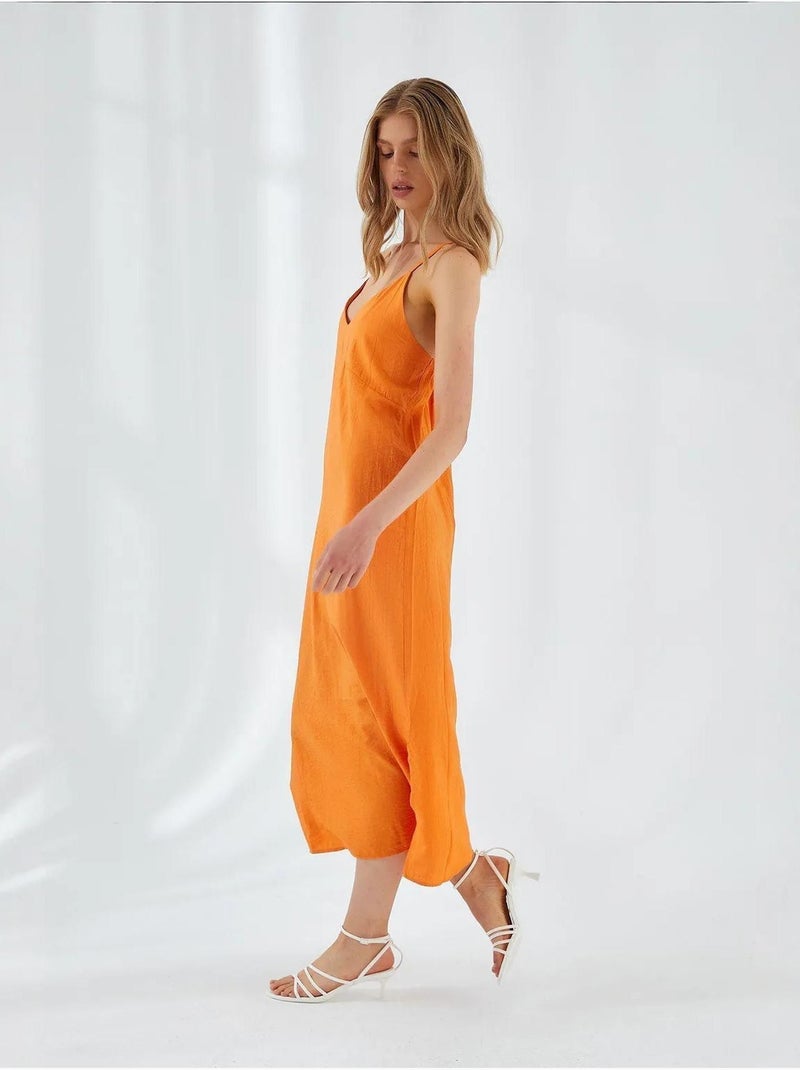 Vestido midi con escote en v y abertura mixray Naranja mandarina - Kiabi