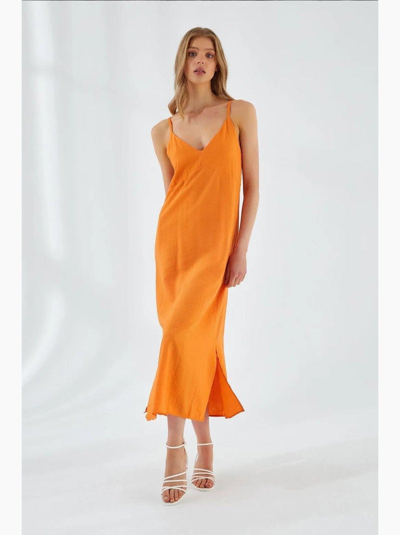 Vestido midi con escote en v y abertura mixray Naranja mandarina - Kiabi