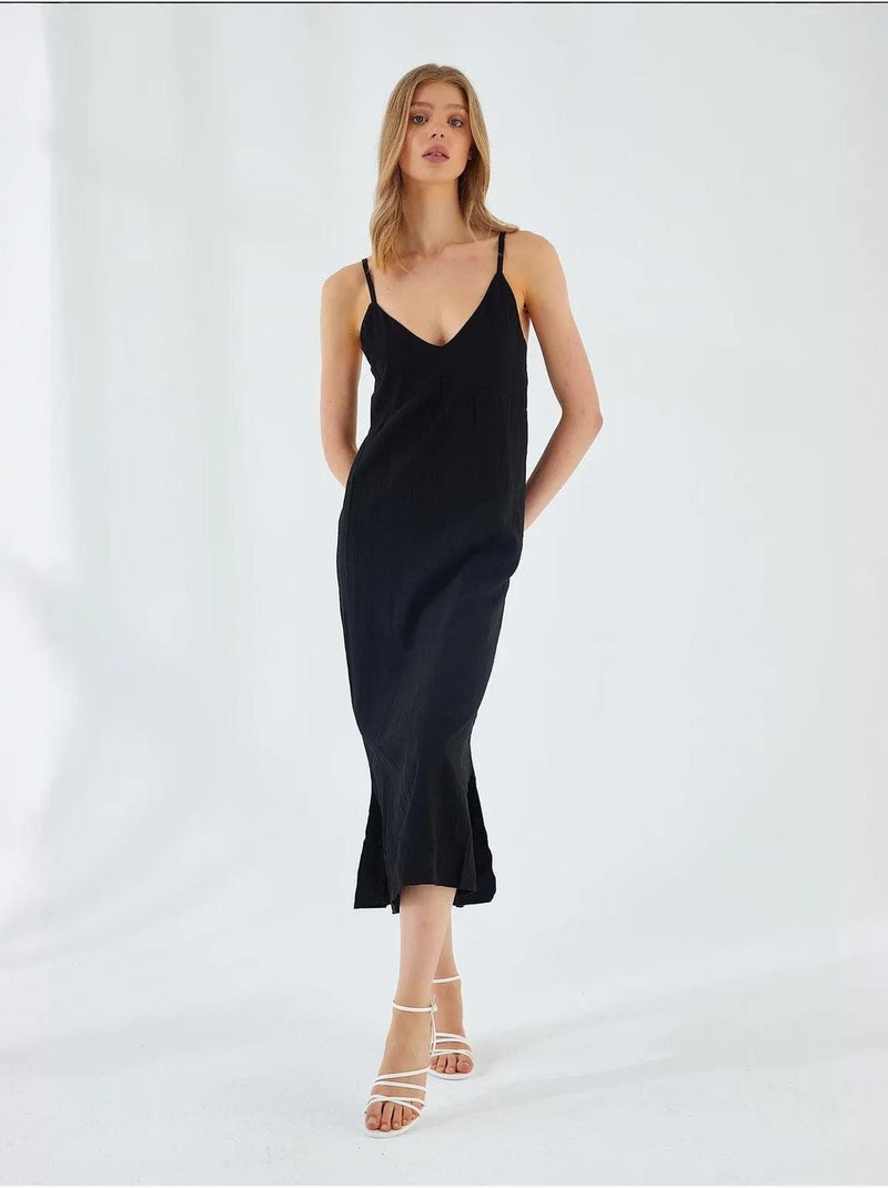 Vestido midi con escote en v y abertura mixray Negro - Kiabi