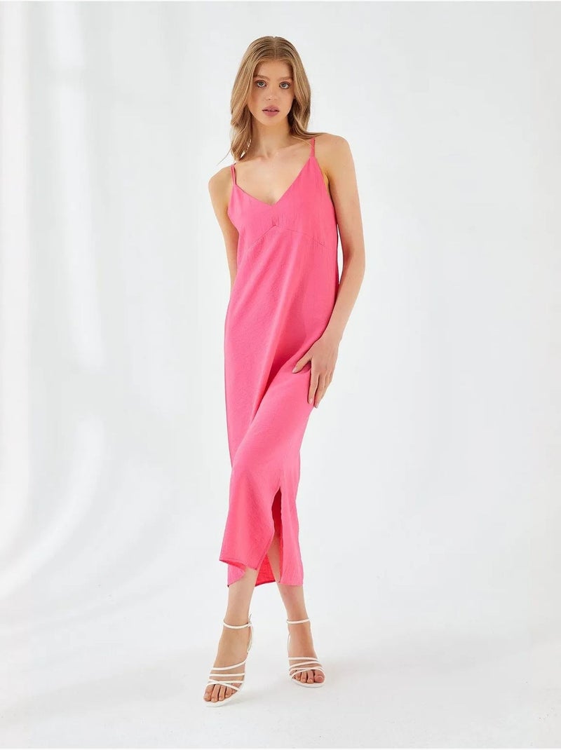 Vestido midi con escote en v y abertura mixray Rosa fluo/Solinotes - Kiabi