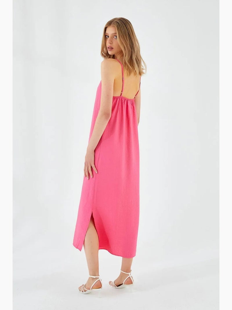 Vestido midi con escote en v y abertura mixray Rosa fluo/Solinotes - Kiabi