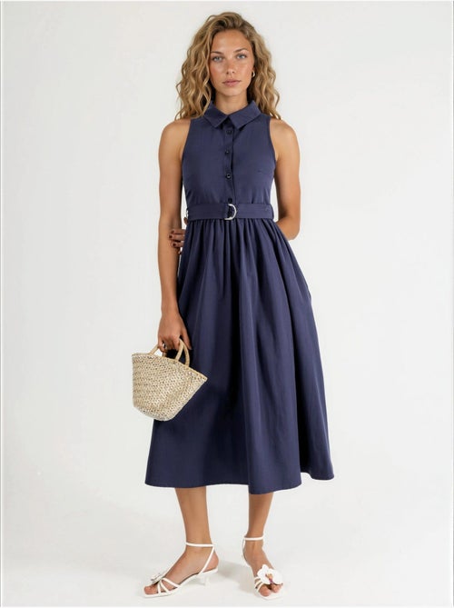 Vestido midi con escote en v y cinturón de busem - Kiabi Vestido midi con escote en v y cinturón de busem - Kiabi