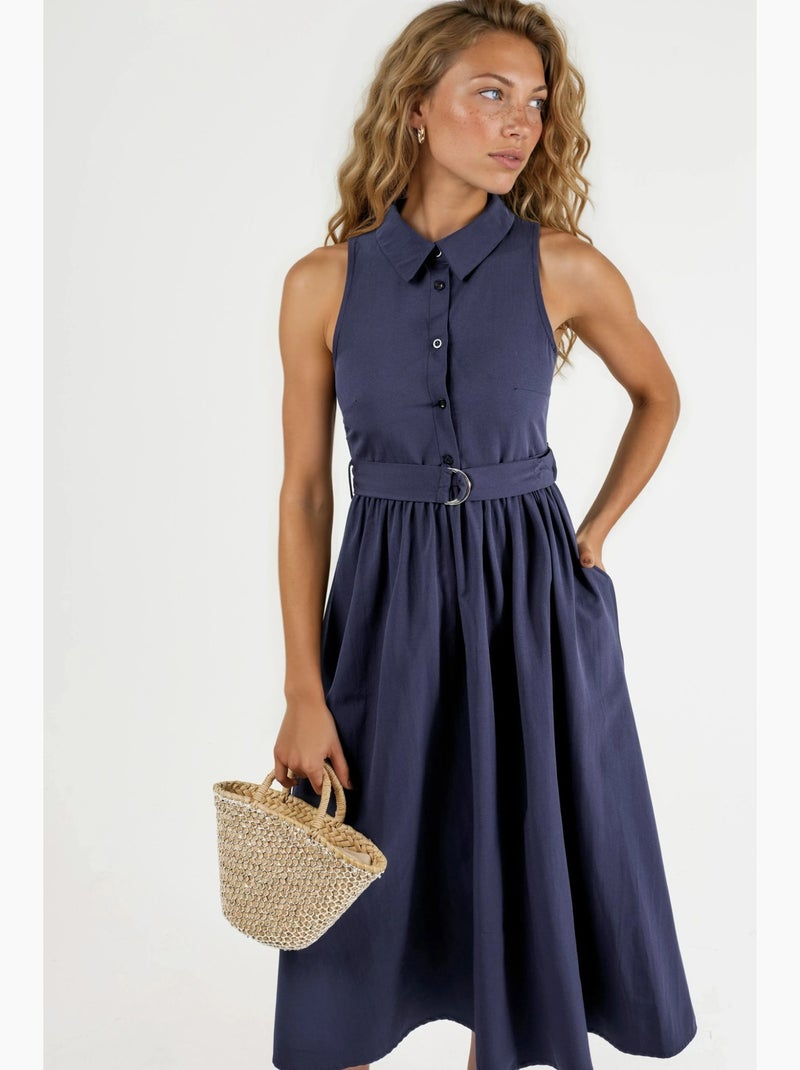 Vestido midi con escote en v y cinturón de busem Azul marino - Kiabi