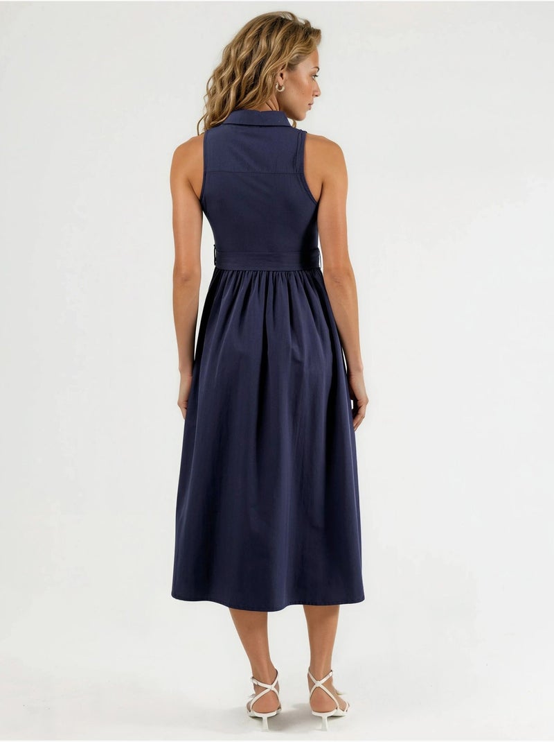 Vestido midi con escote en v y cinturón de busem Azul marino - Kiabi
