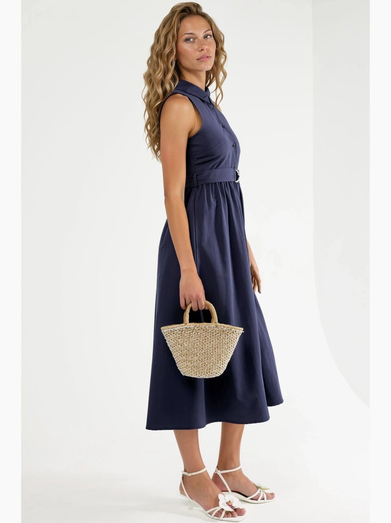 Vestido midi con escote en v y cinturón de busem Azul marino - Kiabi