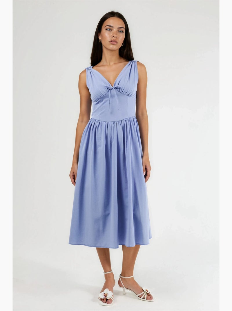 Vestido midi con escote en v y detalle de lazo de busem Azul zafiro - Kiabi