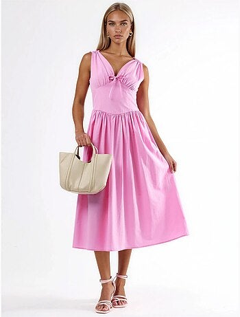 Vestido midi con escote en v y detalle de lazo de busem