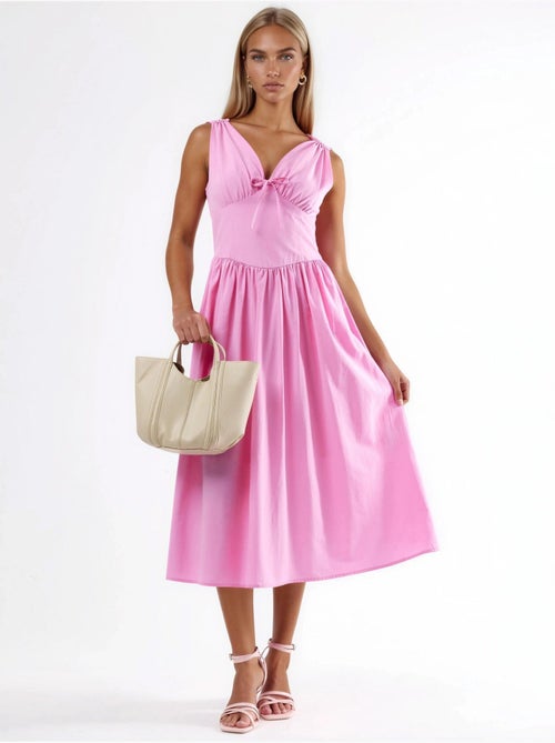 Vestido midi con escote en v y detalle de lazo de busem - Kiabi