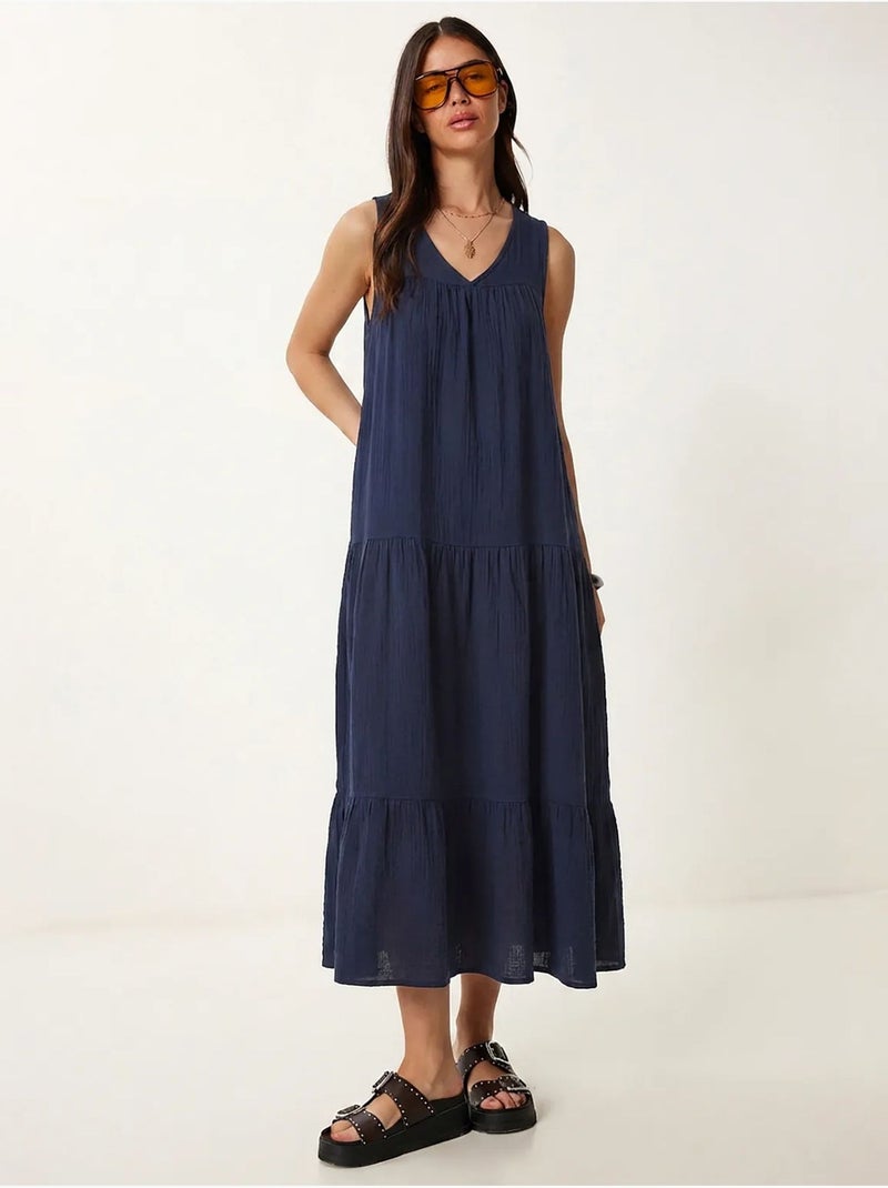 Vestido midi con escote en v y volantes istanbul Azul marino - Kiabi