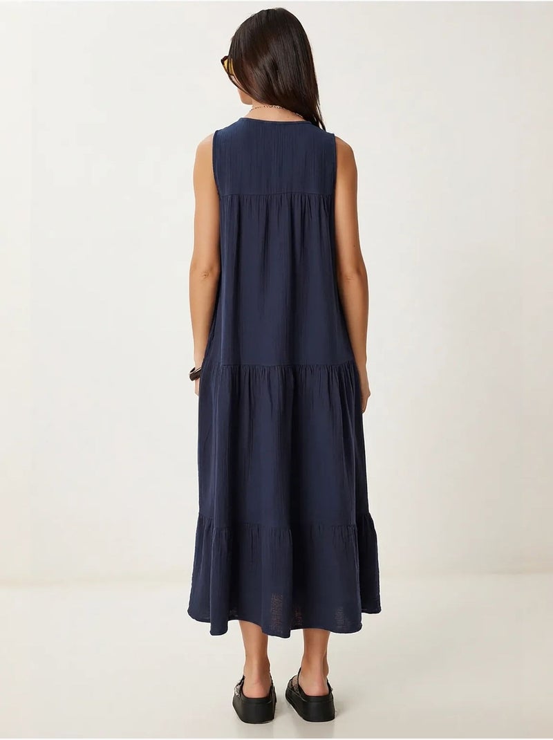 Vestido midi con escote en v y volantes istanbul Azul marino - Kiabi