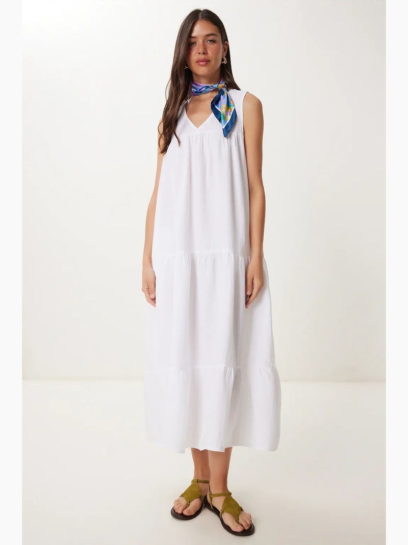 Vestido midi con escote en v y volantes istanbul Marfil - Kiabi