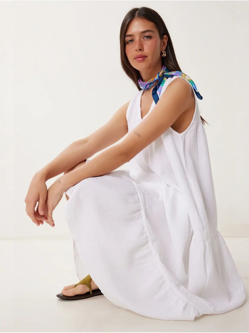 Vestido midi con escote en v y volantes istanbul Marfil - Kiabi