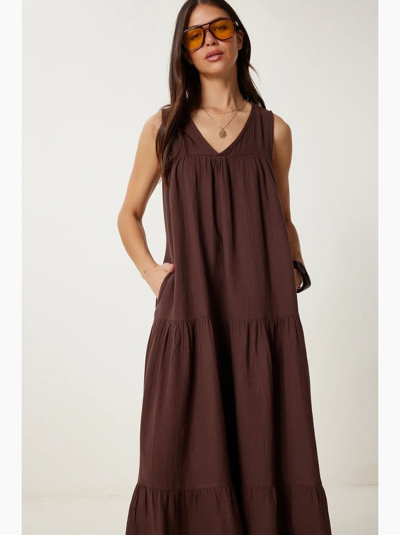 Vestido midi con escote en v y volantes istanbul Marrón chocolate - Kiabi