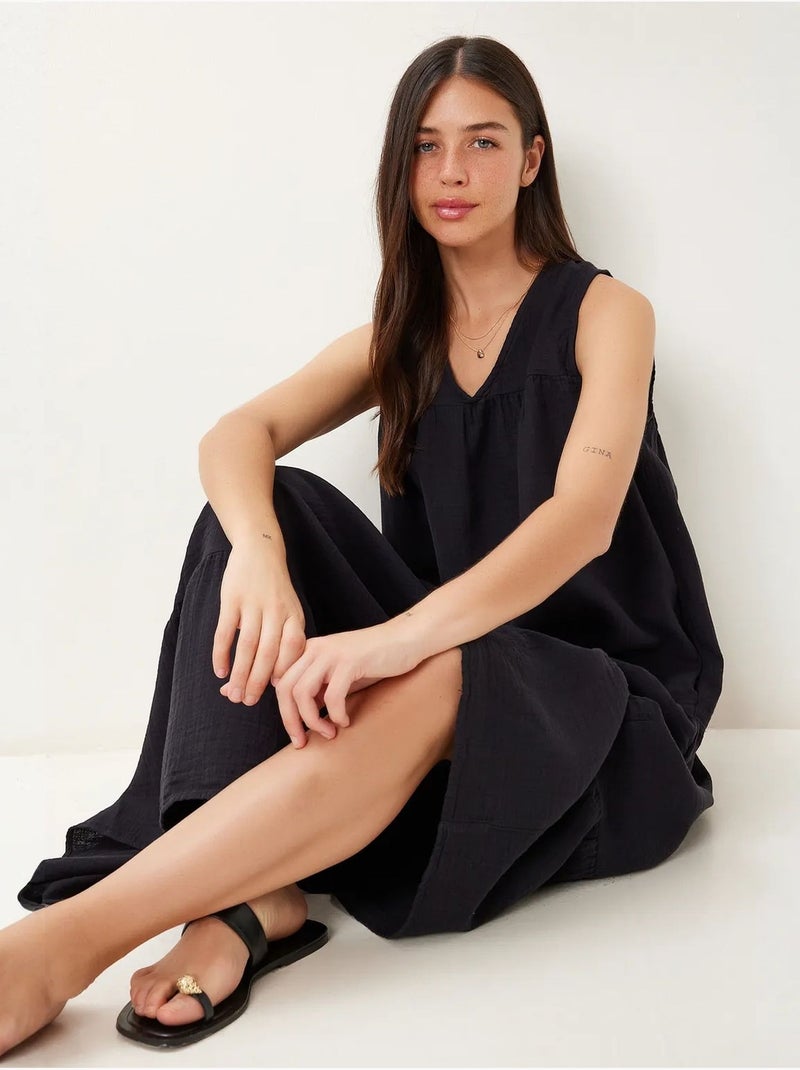 Vestido midi con escote en v y volantes istanbul Negro - Kiabi