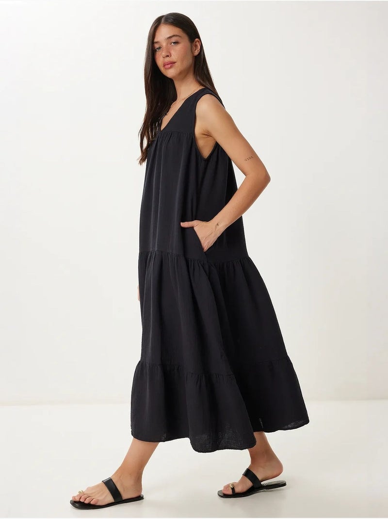 Vestido midi con escote en v y volantes istanbul Negro - Kiabi