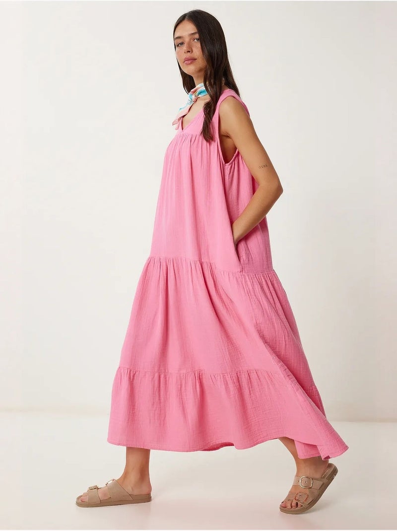 Vestido midi con escote en v y volantes istanbul Rosa claro - Kiabi