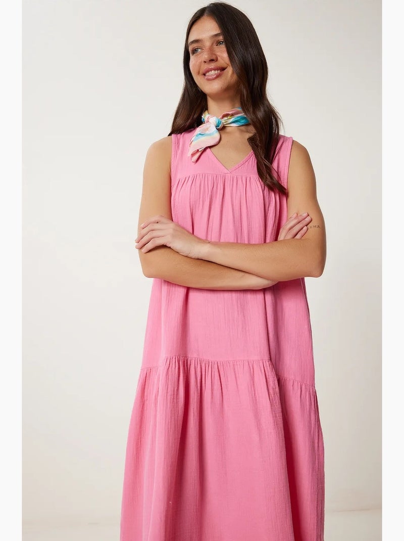 Vestido midi con escote en v y volantes istanbul Rosa claro - Kiabi