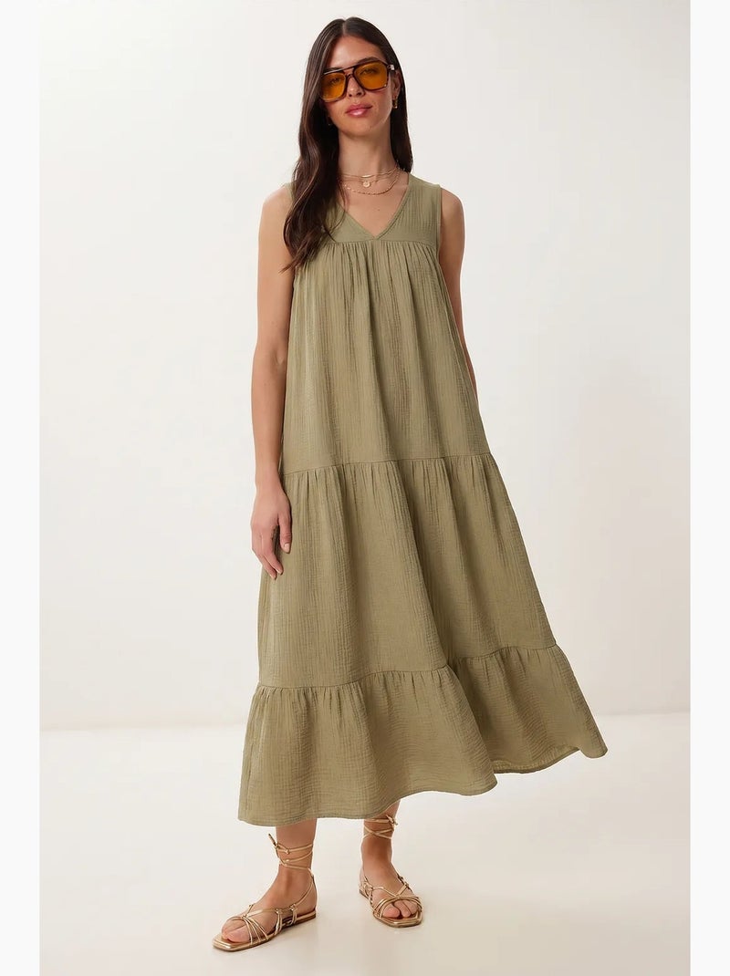 Vestido midi con escote en v y volantes istanbul Verde caqui - Kiabi