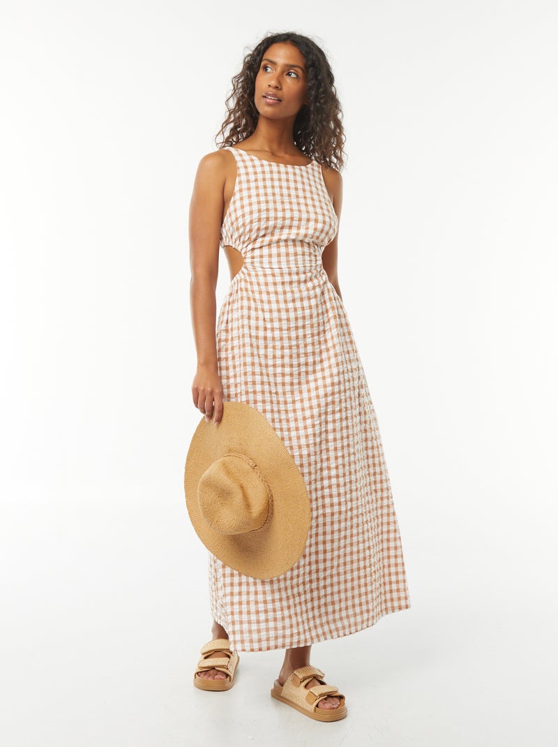 Vestido midi con espalda descubierta y estampado vichy Beige - Kiabi