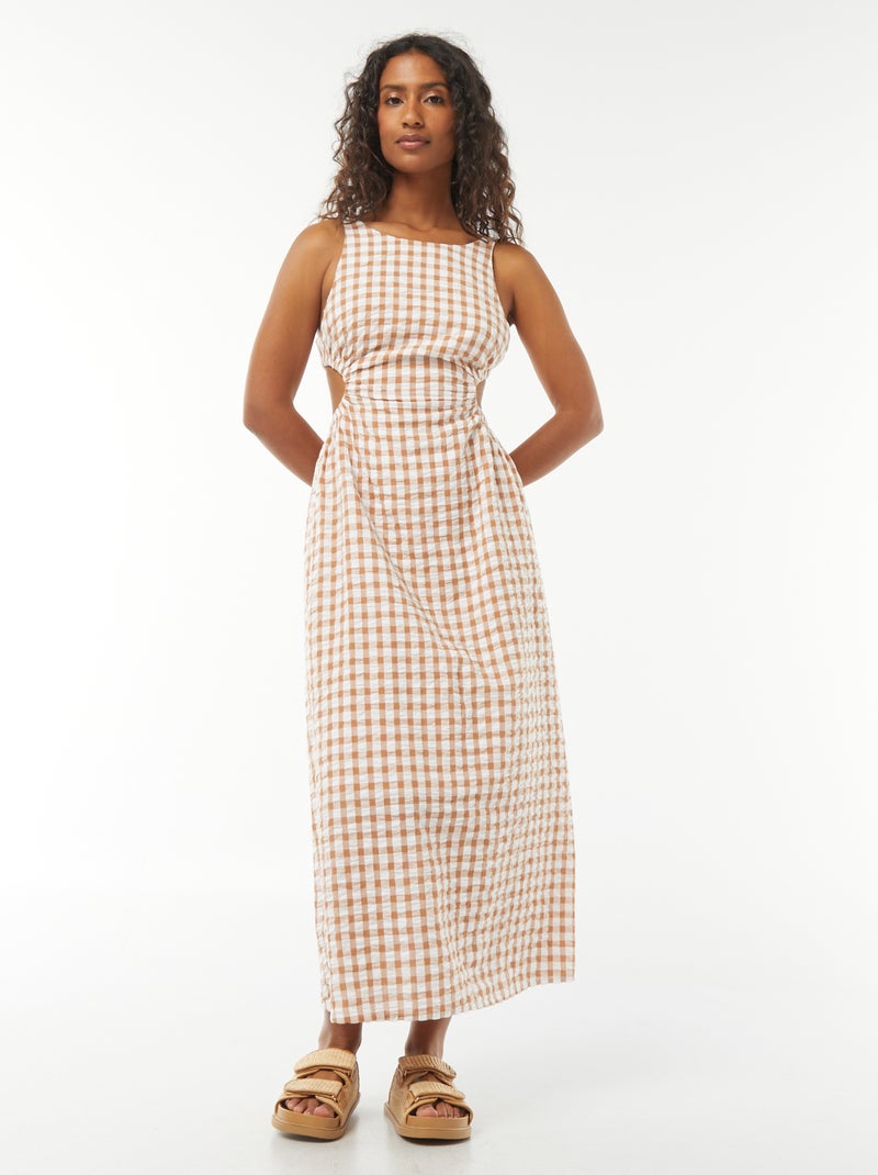 Vestido midi con espalda descubierta y estampado vichy Beige - Kiabi