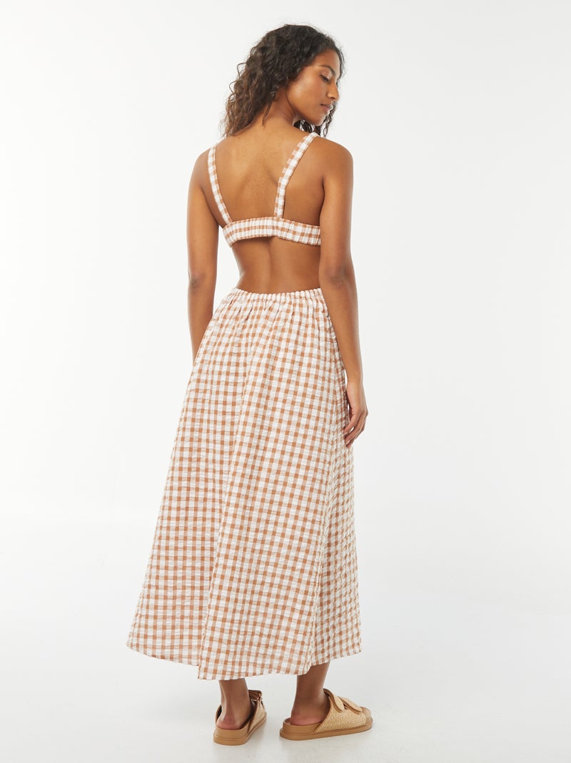 Vestido midi con espalda descubierta y estampado vichy Beige - Kiabi