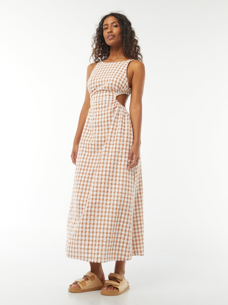 Vestido midi con espalda descubierta y estampado vichy Beige - Kiabi