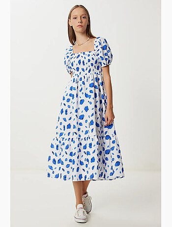 Vestido midi con estampado abstracto de volantes y cuello cuadrado istanbul