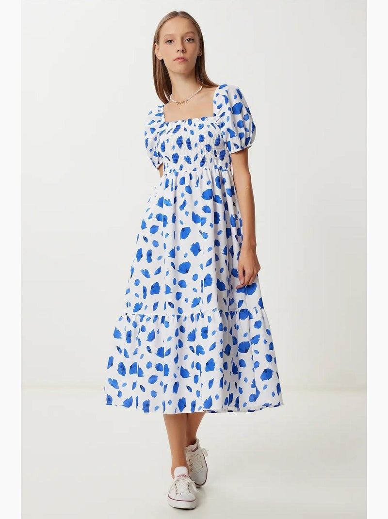 Vestido midi con estampado abstracto de volantes y cuello cuadrado istanbul Blanco - Kiabi