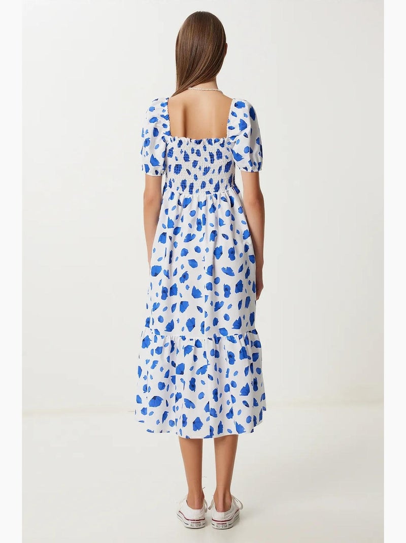 Vestido midi con estampado abstracto de volantes y cuello cuadrado istanbul Blanco - Kiabi