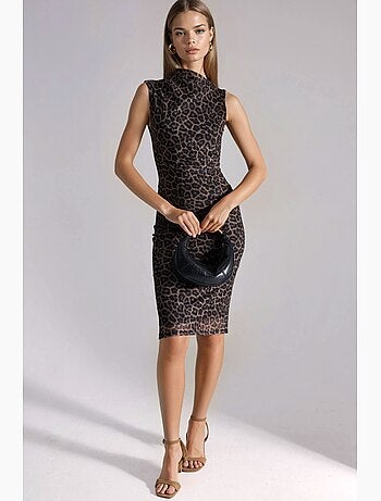 Vestido midi con estampado de leopardo y cuello asimétrico hiccup