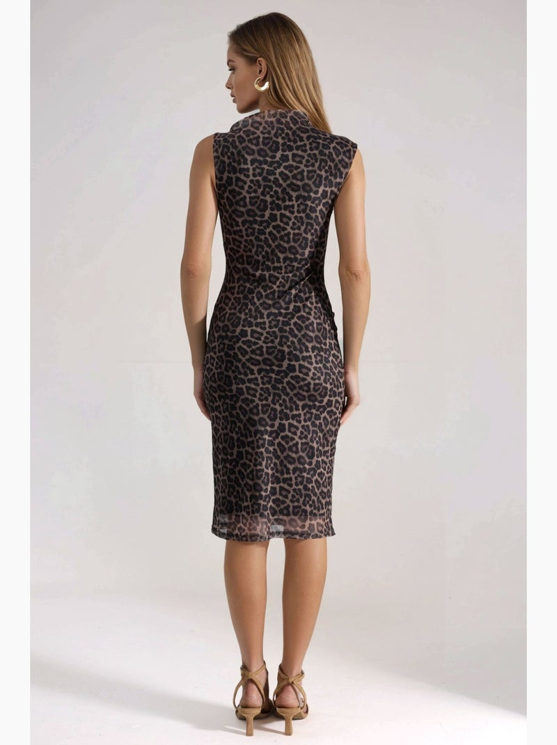 Vestido midi con estampado de leopardo y cuello asimétrico hiccup Beige natural - Kiabi