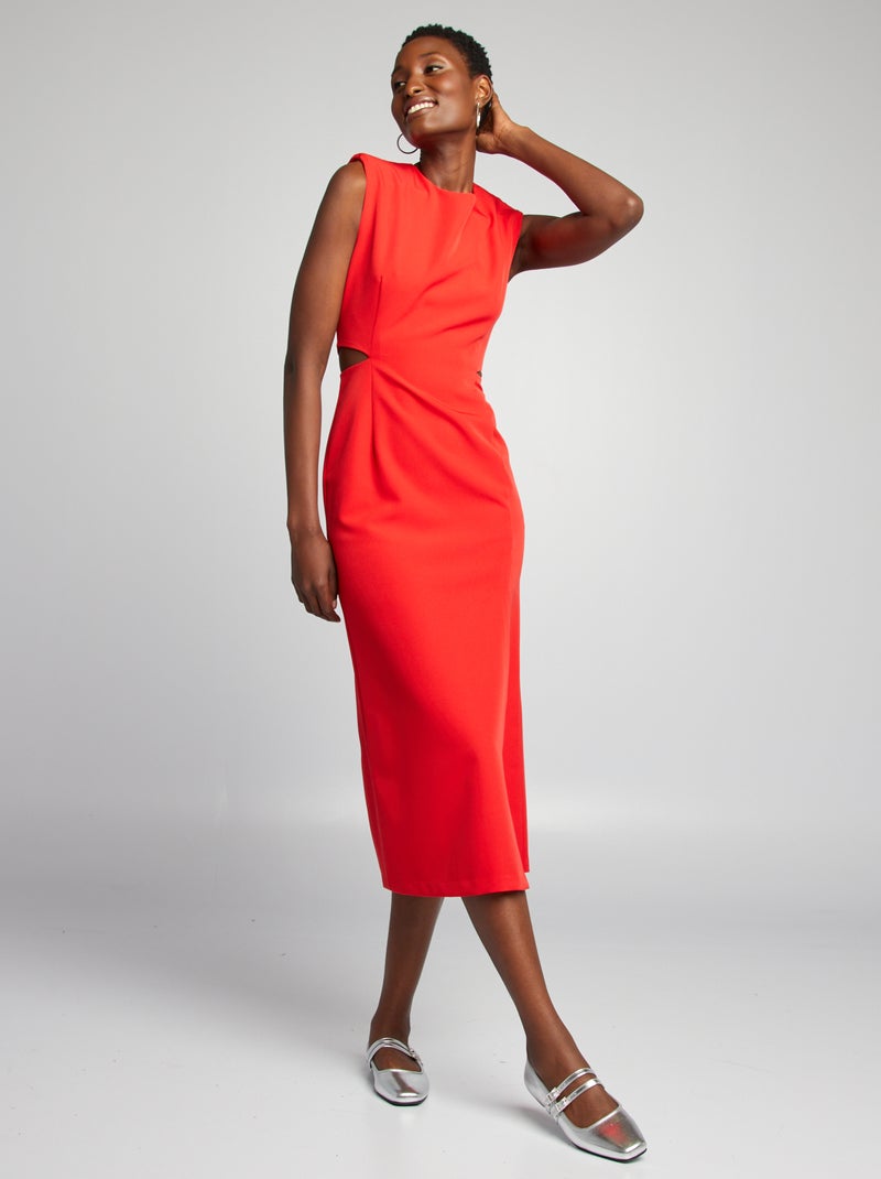 Vestido midi con hombreras y detalles en la cintura ROJO - Kiabi