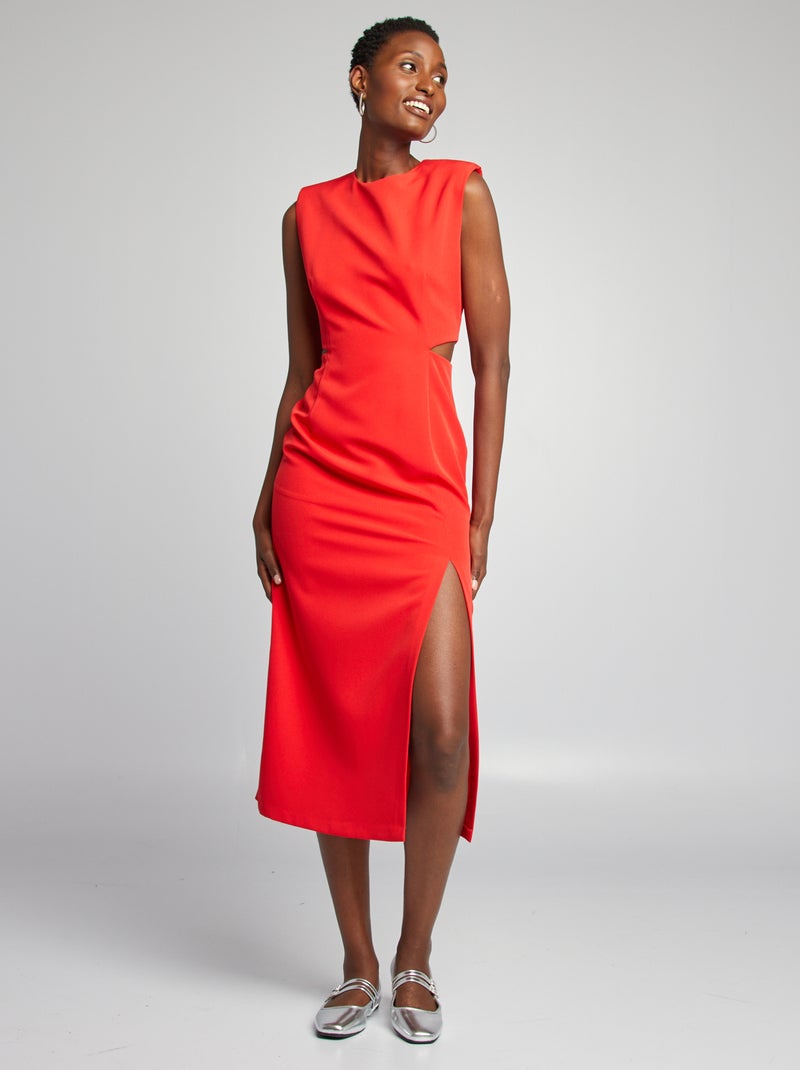 Vestido midi con hombreras y detalles en la cintura ROJO - Kiabi