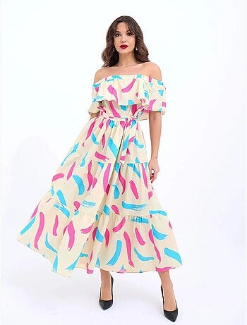 Vestido midi con hombros descubiertos y volantes florales de janes