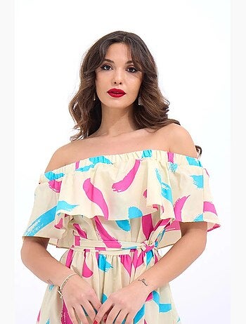 Vestido midi con hombros descubiertos y volantes florales de janes