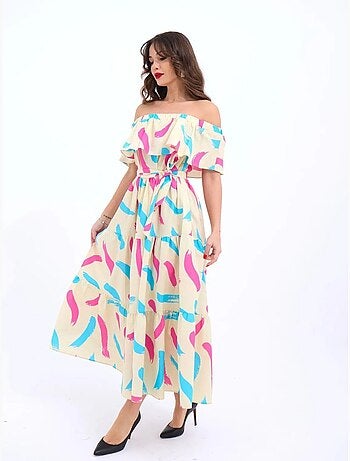 Vestido midi con hombros descubiertos y volantes florales de janes