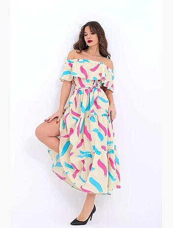 Vestido midi con hombros descubiertos y volantes florales de janes
