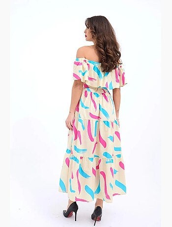 Vestido midi con hombros descubiertos y volantes florales de janes