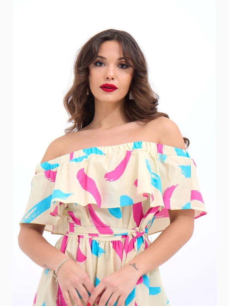 Vestido midi con hombros descubiertos y volantes florales de janes Beige arcilla - Kiabi