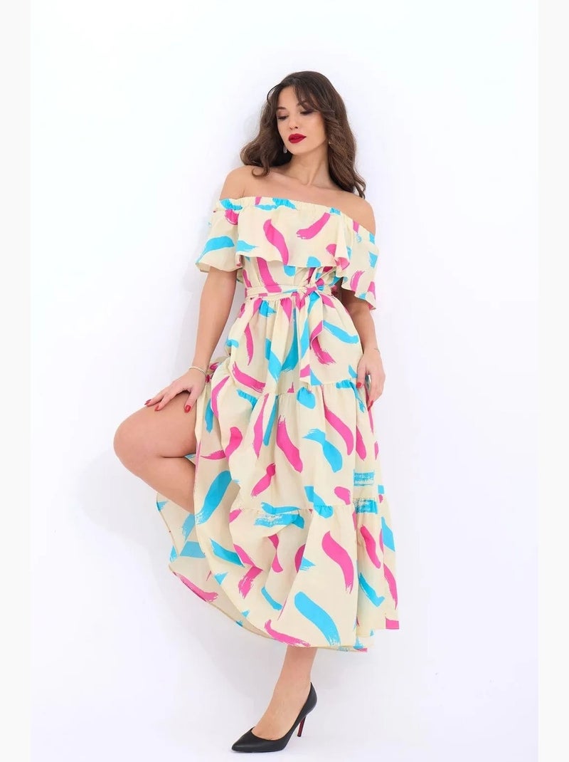 Vestido midi con hombros descubiertos y volantes florales de janes Beige arcilla - Kiabi