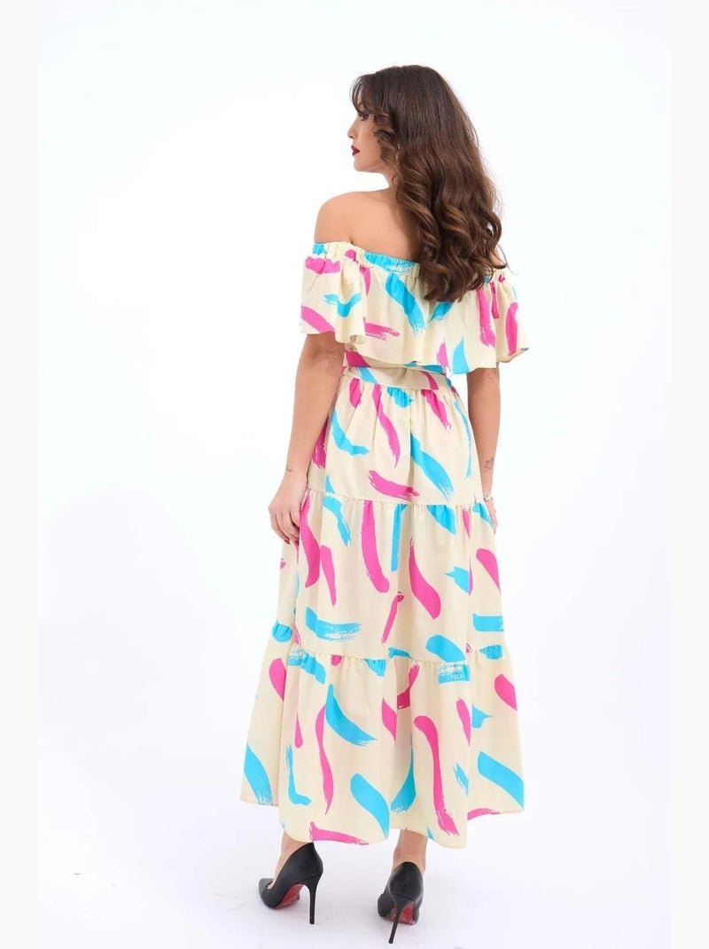 Vestido midi con hombros descubiertos y volantes florales de janes Beige arcilla - Kiabi
