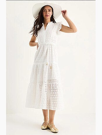 Vestido midi con ojales, cuello en v y mangas con detalles forrados lucci